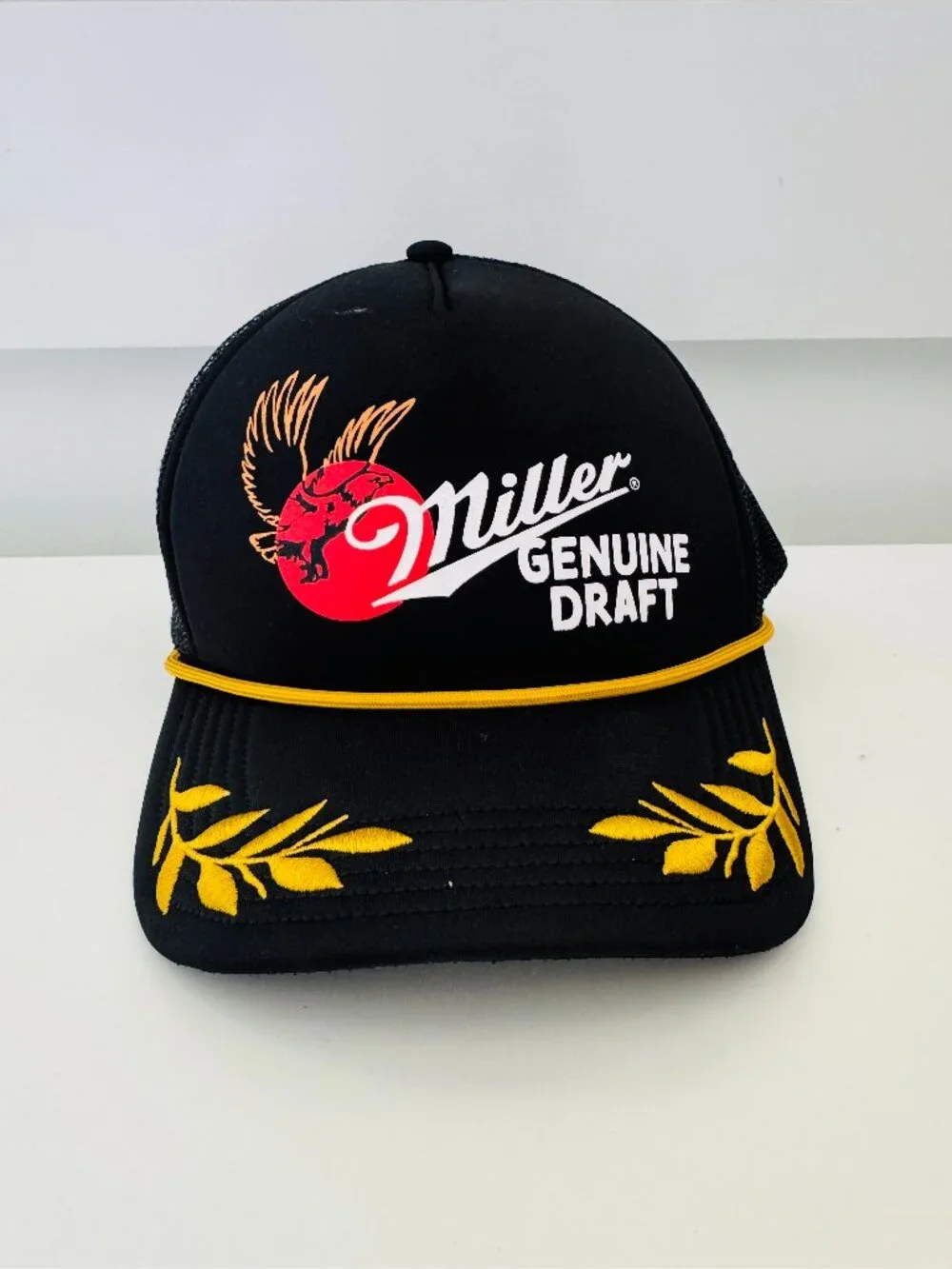 Miller Genuine Draft Black Snapback Trucker Hat Yellow Rope and Embroidery Adjus